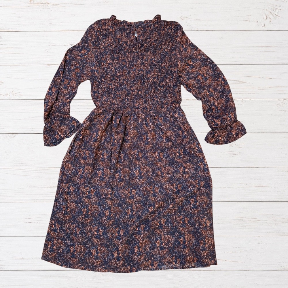 NWT Boho Navy Rust Midi Dress Ruffle Neck Puff Sleeve Cottagecore S Tulip B - Picture 3 of 8